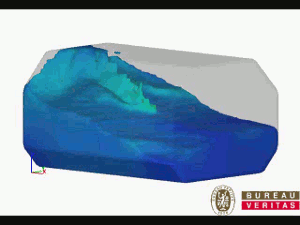 FLOW-3Dは、燃料タンク内の液体貨物および推進剤の 運動を正確に予測します。シミュレーション提供：Bureau Veritas。