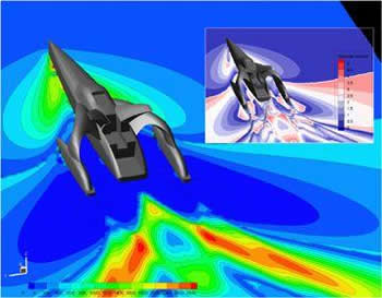 波を突き抜けるアースレースボートの船体設計 (カラーは圧力を表示)。 資料提供：XC Engineering社(ポスト処理にはTecplot 360を使用)。