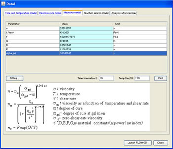 NEPTASで取り扱う3種類の粘度モデル: 時間と温度モデル、反応率モデル、Macoskoモデル (GUIのスクリーンショットはMacoskoモデル)