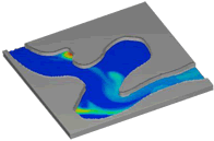 カラーは汚染濃度を表しています。 FLOW-3Dは、汚染の放出、そしてどの ように濃度分散するかを時間経過 で追跡するシミュレーションができます。