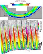 流速強度によって色づけされた、川堤浸食の制御に対する水没した羽根の上の流れが示されています。 （提供：イリノイ大学、描画：Tecplot)