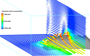 塩（灰色表示）の固体ブロック上の流れの流線 （カラーは溶存塩濃度を表す）。