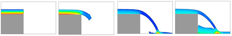 図2a～2d  (左から順に)0.0秒、0.2秒、0.5秒、10.0秒経過時のシミュレーション