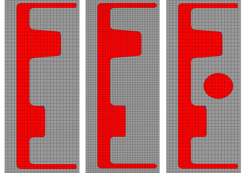 図1:初期モデル、図2: 精細化された格子、図3: 精細化された格子と幾何形状
