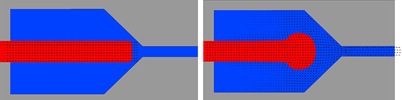 図1:(左)FLOW-3Dで使用されているTruVOF法によって予測される正しい噴流形状 図2:(右)その他のCFDコードで使用されている 疑似 VOF 法によって予測される誤った噴流形状