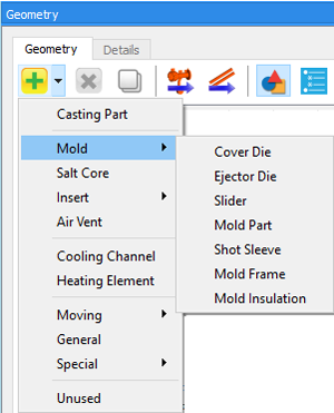 高圧ダイカスト鋳造のシミュレーションで利用できるコンポーネント。 例えば鋳型(Mold)には可動型、固定型、スライダーおよびショットスリーブなどが含まれる。