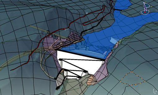 図5. TEEST IIIダムと取水口のCATIAモデルの下流側からの眺め
