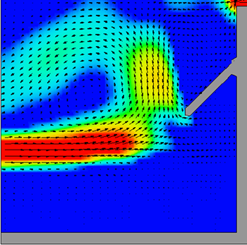 スタンフォード密度流バッフルを用いた場合の予測される流れパターン(速度に応じて色分け、赤色は高速)