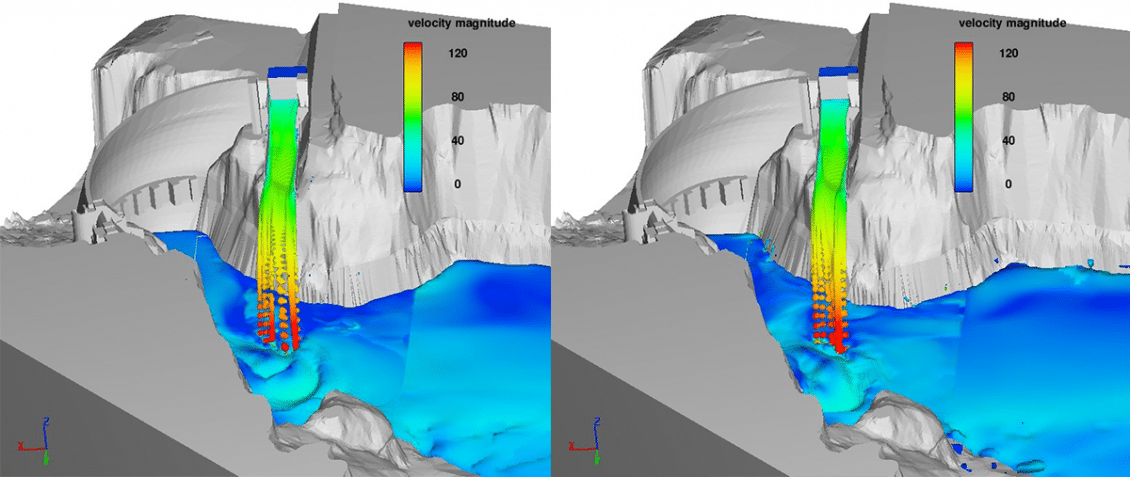 図2. 未改良の放水路1ジェットの3Dビュー:流量10,000cfs(左)、流量13,000cfs(右)