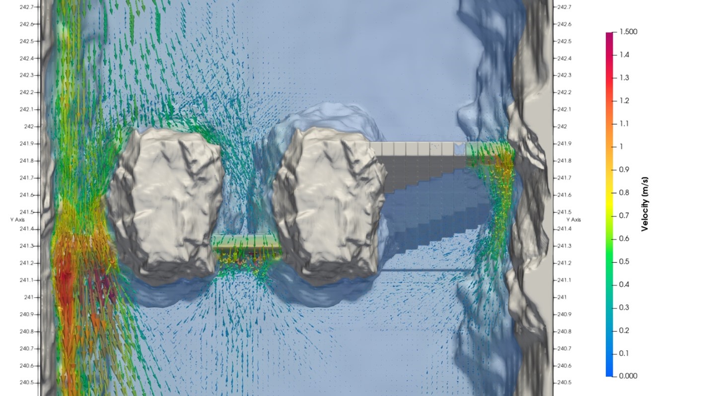 より大規模なCFDモデルを用いて、複数のプールセクションにおける流れの状態を評価し、典型的な魚道断面における流れの分布と特性に関する知見を得た。