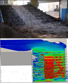 物理的な放水路モデルと仮想的な放水路モデルの比較。後者の方が水の流れをはるかに正確に視覚化できることは明らかである。