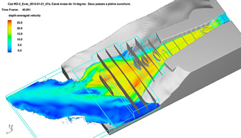 図9。このシミュレーションは、エネルギー散逸の推定値を得るために、平面および円筒形の流れバッフルがどこに配置されたかを示している。