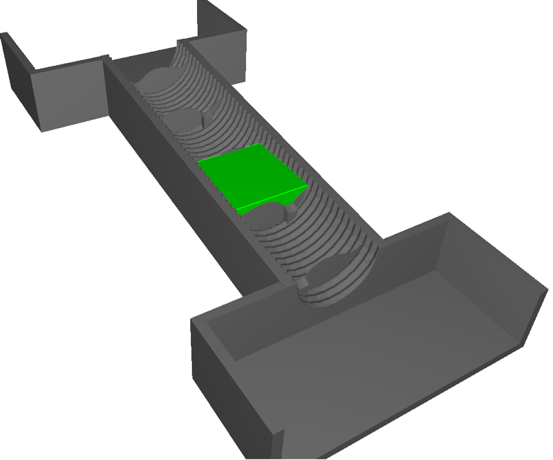 図2：シミュレーションで使用されたインポートされたCADジオメトリ、魚道の長さに沿った主要通路の千鳥配置、および体積サンプリングボックス（明るい緑色）が確認できる。