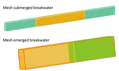 図3aおよび3b：水中防波堤（上図3a）と水上防波堤（下図3b）のメッシュビュー