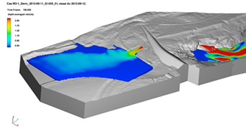 図6.トンネルを通る河川の分流。左から右へ流れ、流速に応じて色分けされている。