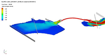 図7.同じ河川分水路を示し、水面と流量測定断面のみを表示している。