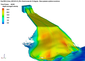 図8は、フラックスバッフルがどのように使用されるかの例として、自然岩盤上の放水路を示す。地表面単位面積あたりの水力エネルギー散逸率を評価している。