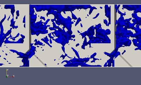 図2：乱流圧力変動の等値面 = -500 Pa。